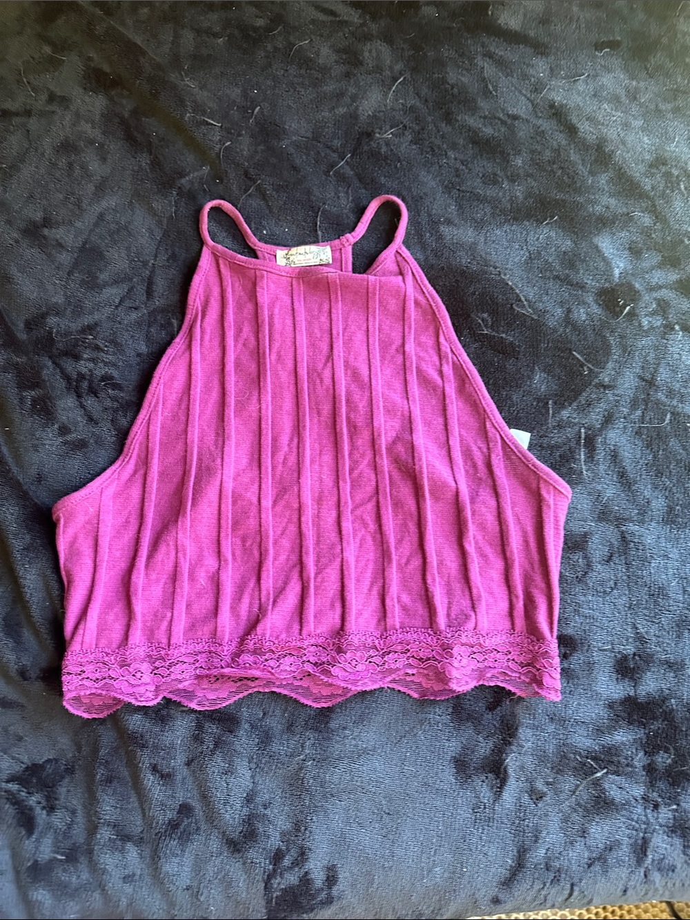Women's Halter Ribbed Lace-Trim Crop Bralette - Magenta